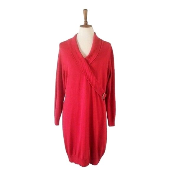 Size 14/16 1X Red Soft Knit Sweater Dress Buckle Fall Winter Cozy Plus Size - Picture 2 of 8